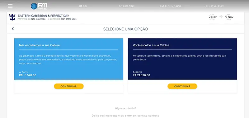 Escolha a sua opção de cabine