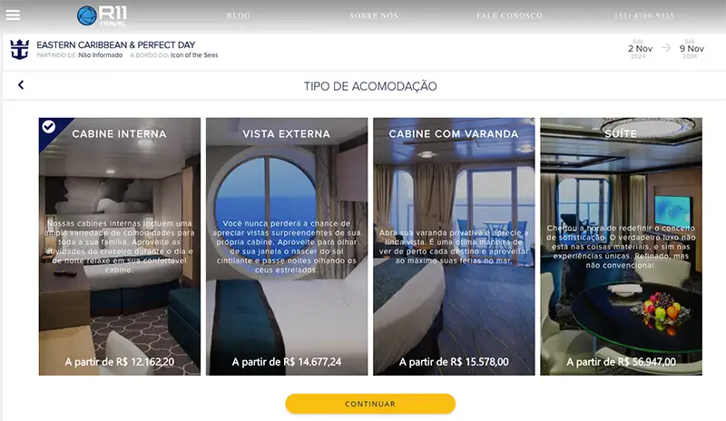 cabines internas e externas dos Cruzeiros Royal Caribbean